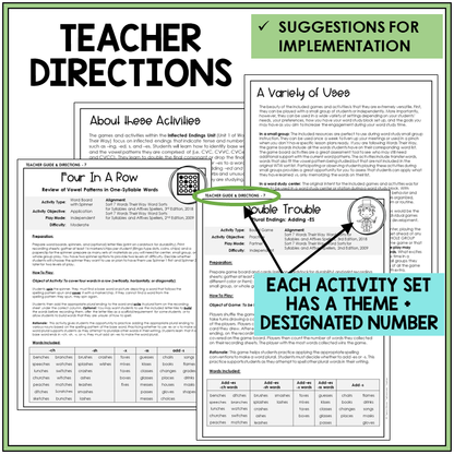Teacher directions for plural endings -S and -ES games