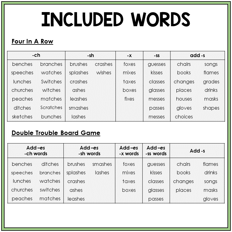 Word list for plural endings -S and -ES, Sort 7