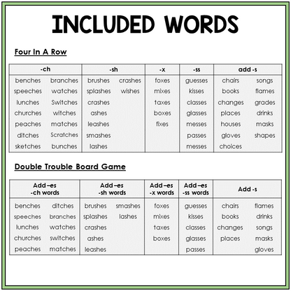 Word list for plural endings -S and -ES, Sort 7