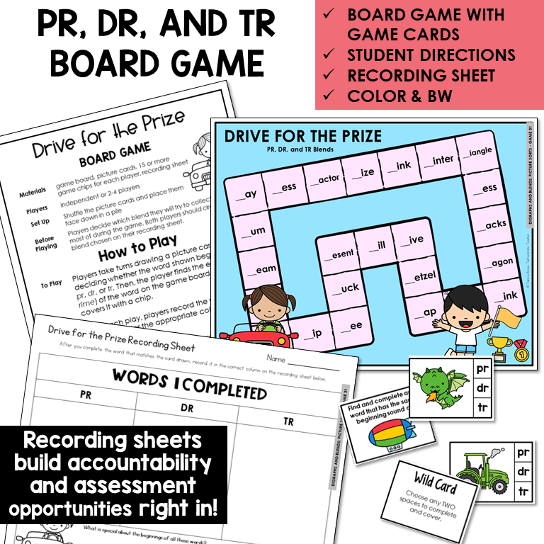 Drive for the Prize board game, game cards, and recording sheet for blends PR, DR, and TR