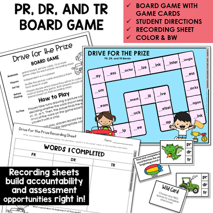 Drive for the Prize board game, game cards, and recording sheet for blends PR, DR, and TR