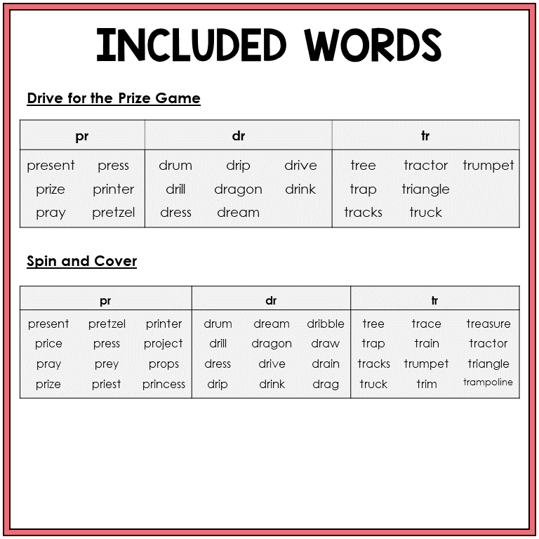 Word list for blends PR, DR, and TR games, Sort 31
