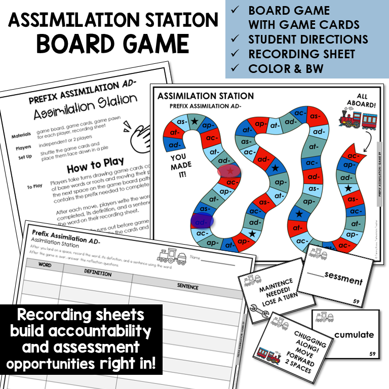 Assimilation Station board game for prefix AD- assimilations