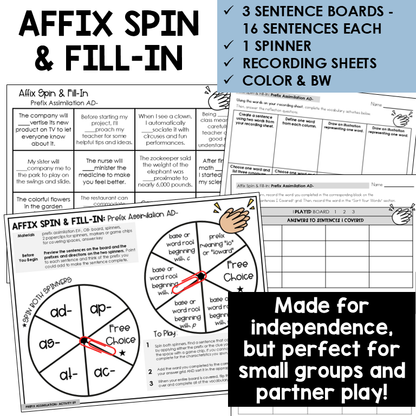 Affix Spin & Fill-In word boards and spinner for prefix AD- assimilations