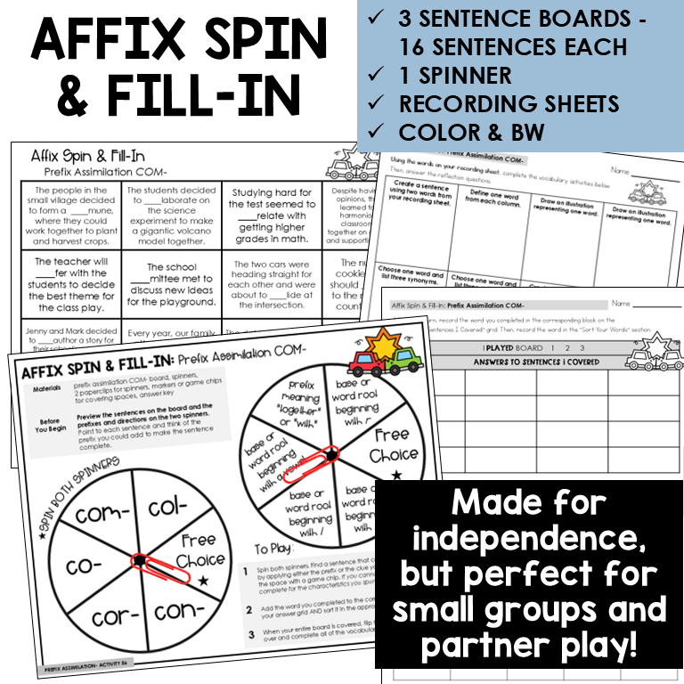 Affix Spin & Fill-In word boards and spinner for prefix COM- assimilations