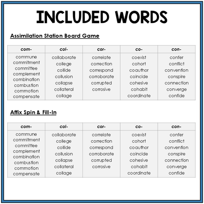 Word list for prefix COM- assimilations COL-, COR-, CO-, CON-, Sort 56