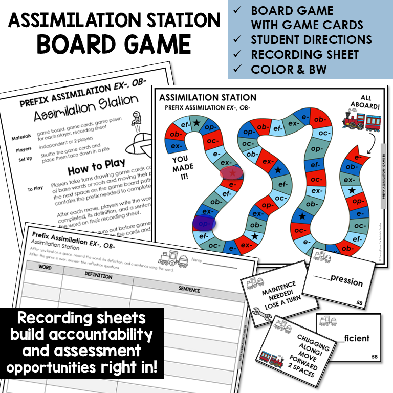 Assimilation Station board game for prefixes EX- and OB- assimilations