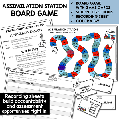 Assimilation Station board game for prefixes EX- and OB- assimilations