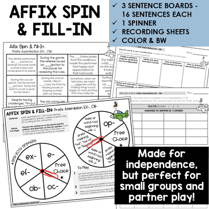 Affix Spin & Fill-In word boards and spinner for prefixes EX- and OB- assimilations