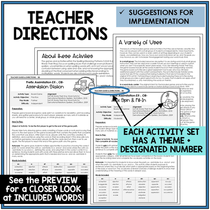Teacher directions for prefixes EX- and OB- assimilations games