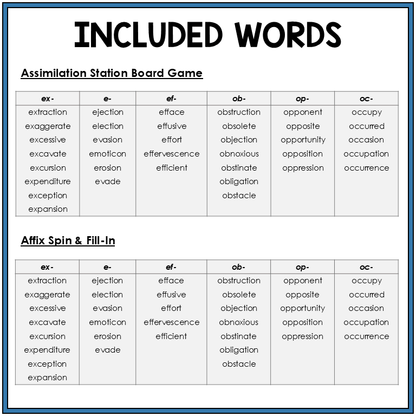 Word list for prefixes EX- and OB- assimilations, Sort 58