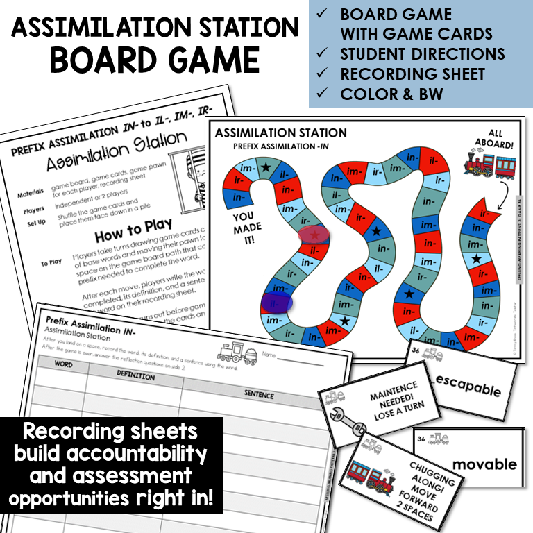 Assimilation Station board game for prefix IN- assimilation