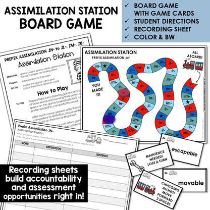 Assimilation Station board game for prefix IN- assimilation