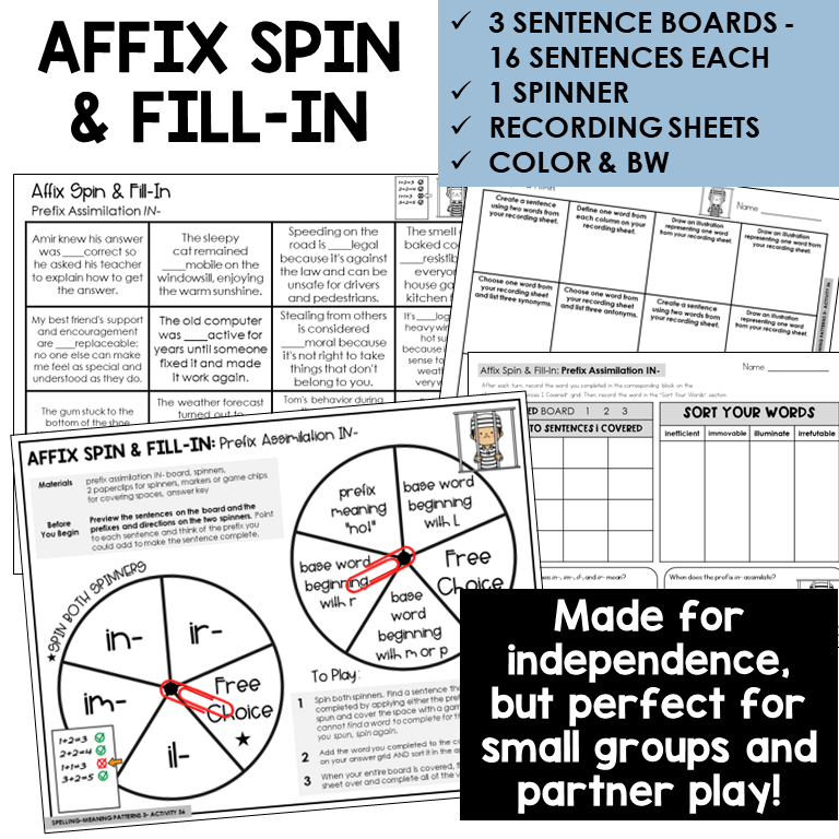 Affix Spin & Fill-In word boards and spinner for prefixes IN-, IM-, IL-, IR-