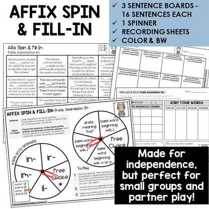 Affix Spin & Fill-In word boards and spinner for prefixes IN-, IM-, IL-, IR-