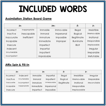 Word list for prefixes IN-, IM-, IL-, IR-, Sort 36
