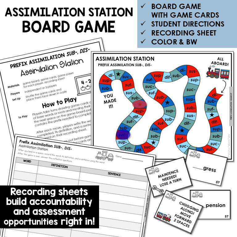 Assimilation Station board game for prefixes SUB- and DIS- assimilations