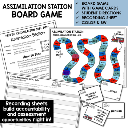 Assimilation Station board game for prefixes SUB- and DIS- assimilations