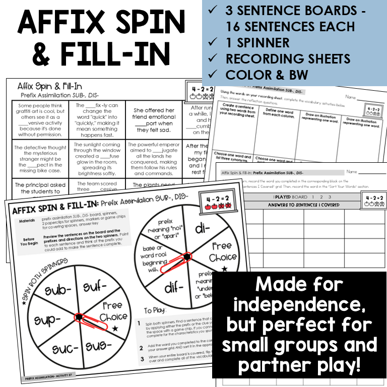 Affix Spin & Fill-In word boards and spinner for prefixes SUB- and DIS- assimilations