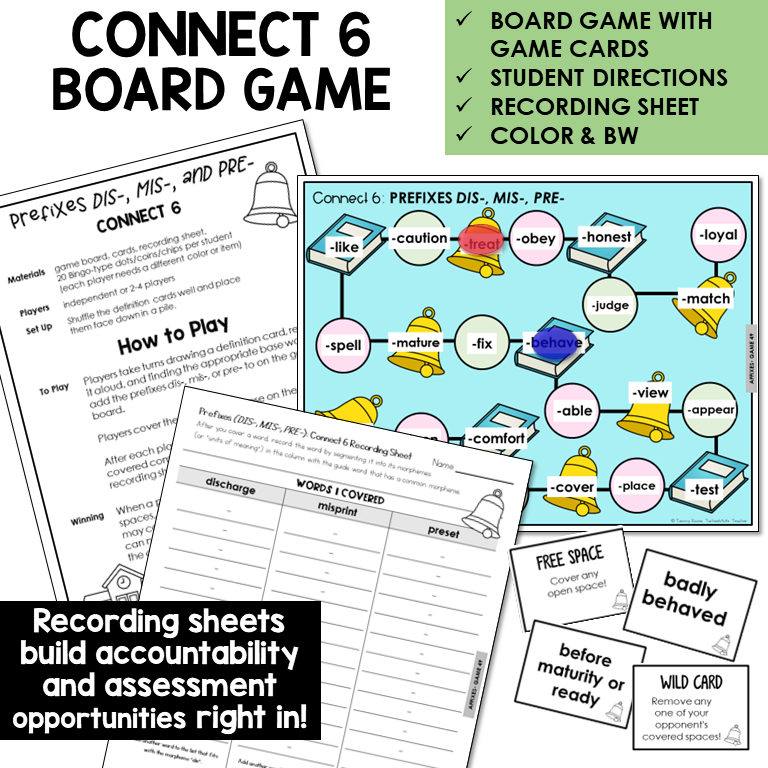 Connect 6 Board Game for prefixes DIS-, MIS-, and PRE-, with recording sheet