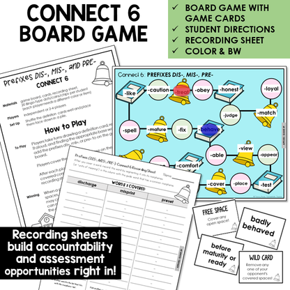 Connect 6 Board Game for prefixes DIS-, MIS-, and PRE-, with recording sheet