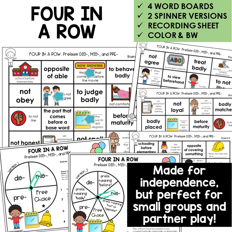 Four In A Row for prefixes DIS-, MIS-, and PRE-, with spinners and recording sheet