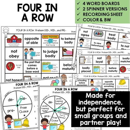 Four In A Row for prefixes DIS-, MIS-, and PRE-, with spinners and recording sheet