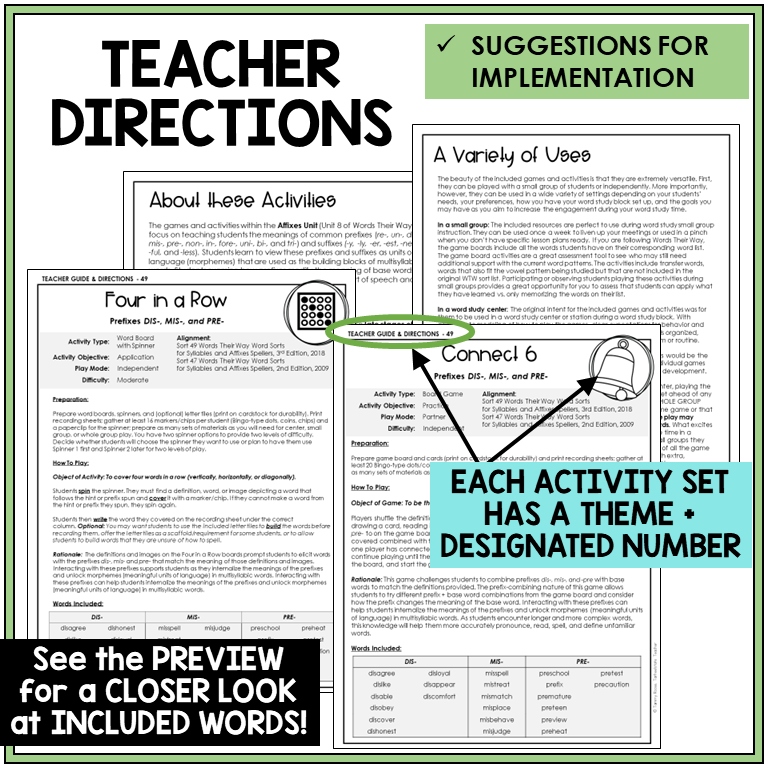 Teacher directions for prefixes DIS-, MIS-, and PRE- games