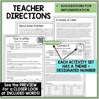 Teacher directions for prefixes DIS-, MIS-, and PRE- games