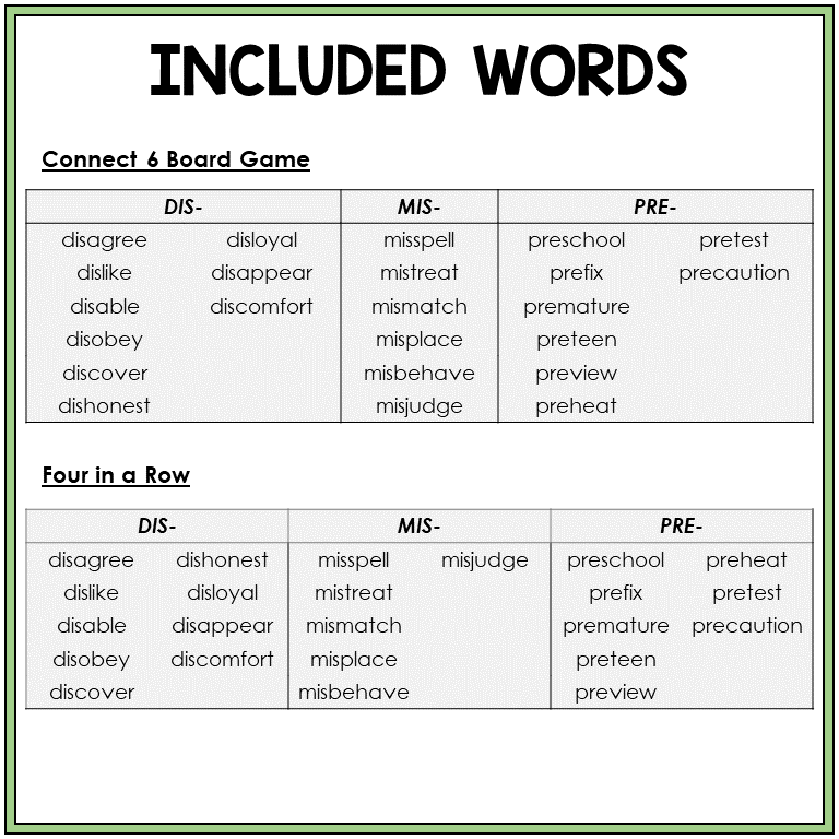 Word list for prefixes DIS-, MIS-, and PRE-, Sort 49