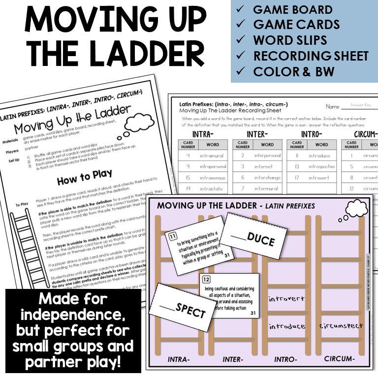 Moving Up the Ladder board game for Latin prefixes INTRA-, INTER-, INTRO-, CIRCUM-