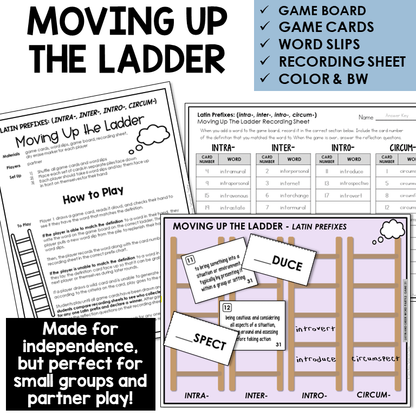 Moving Up the Ladder board game for Latin prefixes INTRA-, INTER-, INTRO-, CIRCUM-