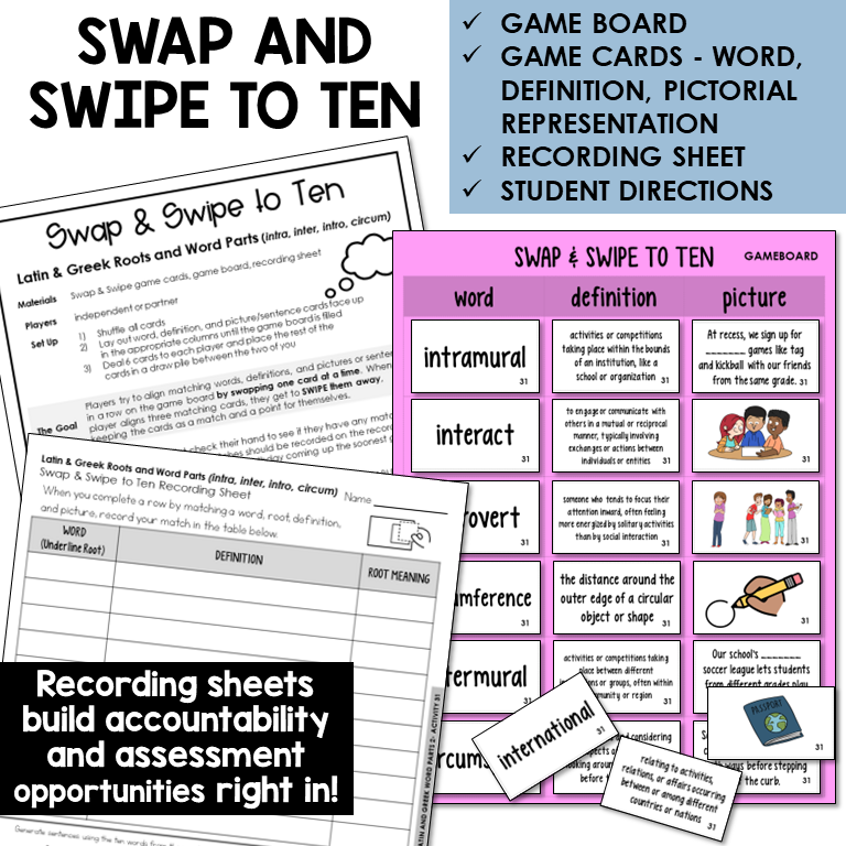 Swipe & Swap to Ten card game for Latin prefixes INTRA-, INTER-, INTRO-, CIRCUM-