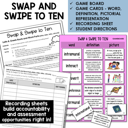 Swipe & Swap to Ten card game for Latin prefixes INTRA-, INTER-, INTRO-, CIRCUM-