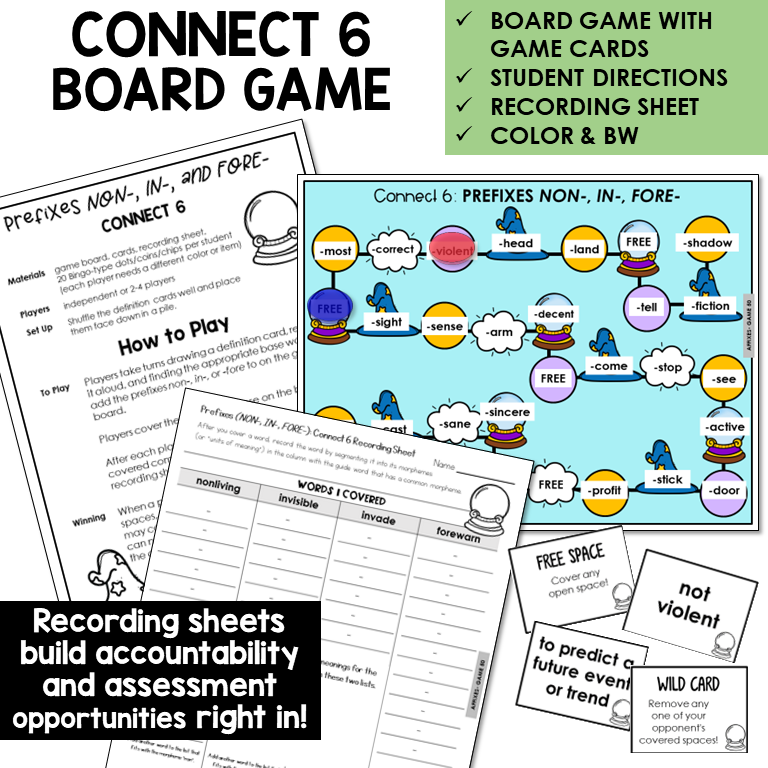 Connect 6 Board Game for prefixes NON-, IN-, and FORE-, with recording sheet