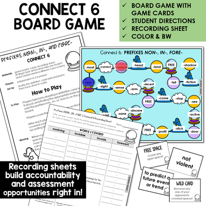 Connect 6 Board Game for prefixes NON-, IN-, and FORE-, with recording sheet