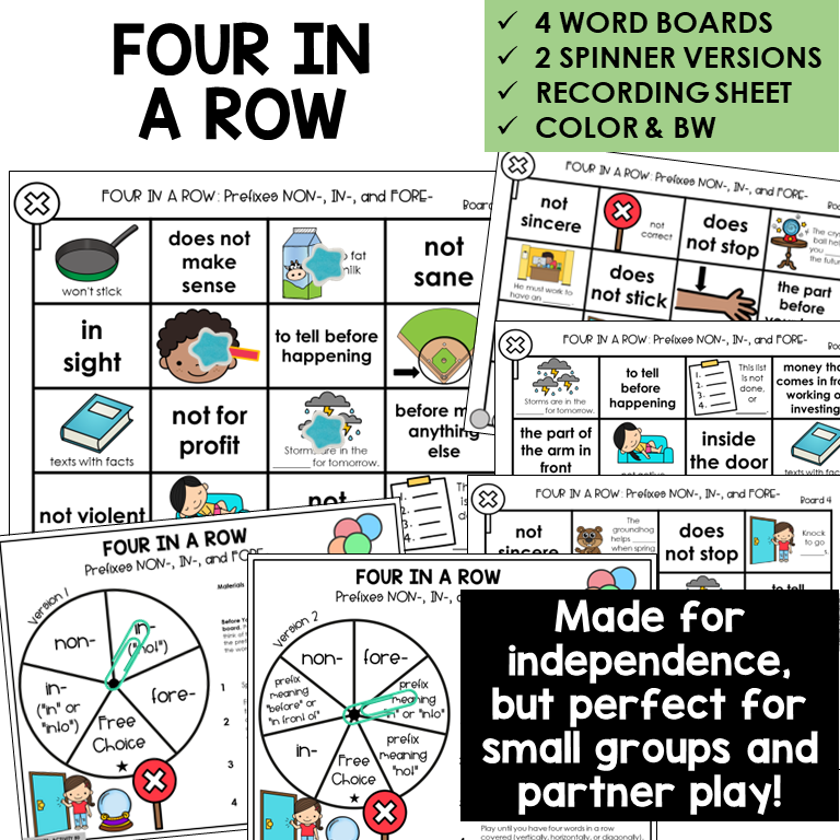 Four In A Row for prefixes NON-, IN-, and FORE-, with spinners and recording sheet