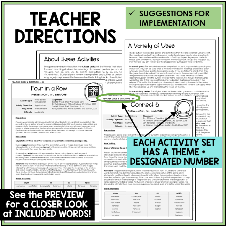 Teacher directions for prefixes NON-, IN-, and FORE- games