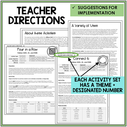 Teacher directions and suggestions for implementation, prefixes NON-, IN-, and FORE-