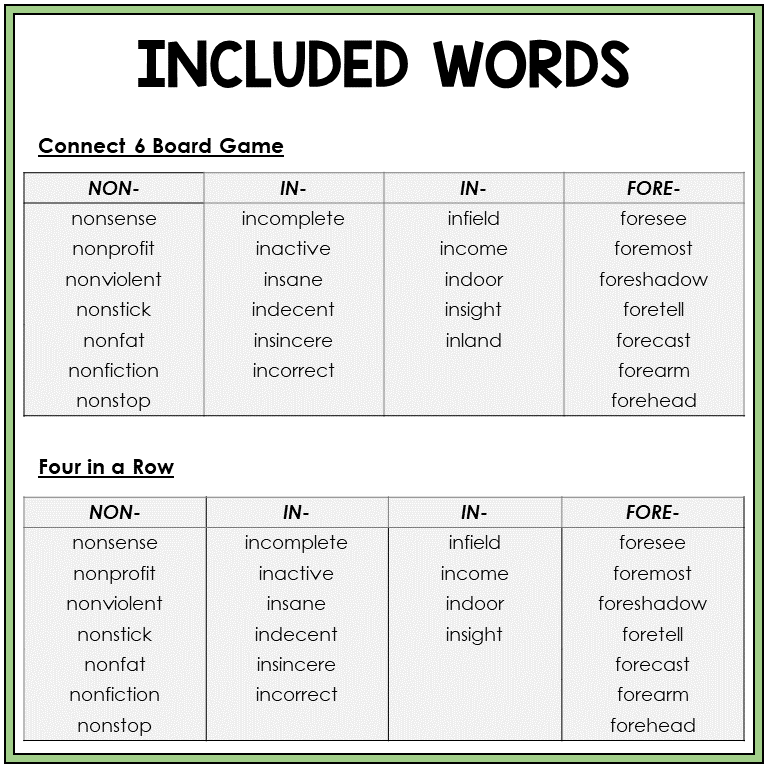 Word list for prefixes NON-, IN-, and FORE-, Sort 50