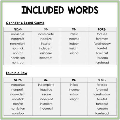 Word list for prefixes NON-, IN-, and FORE-, Sort 50