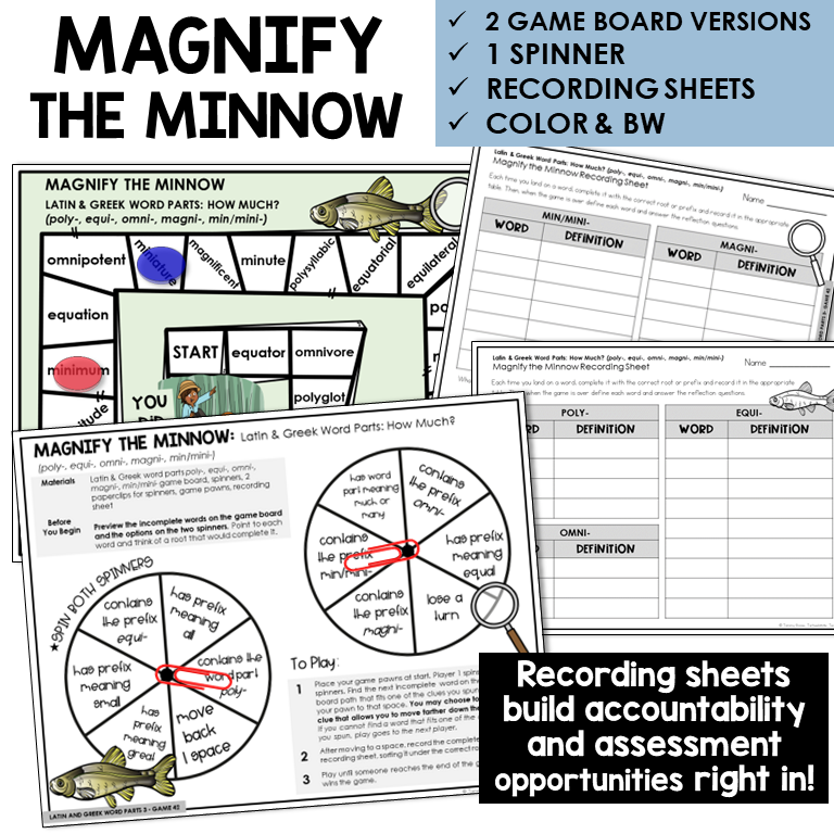 Magnify the Minnow board game for Latin and Greek word parts POLY-, EQUI-, OMNI-, MAGNI-, MIN/MINI-