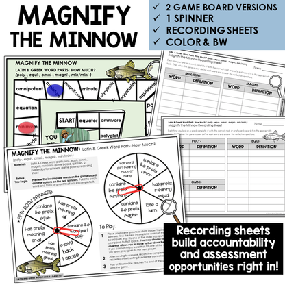 Magnify the Minnow board game for Latin and Greek word parts POLY-, EQUI-, OMNI-, MAGNI-, MIN/MINI-
