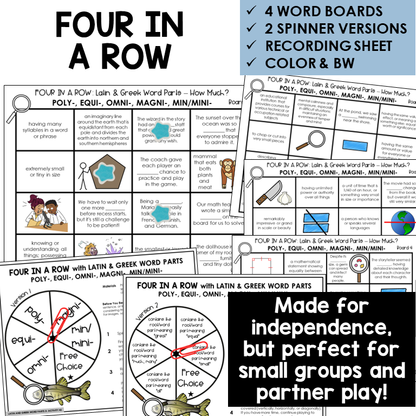 Four in a Row word board activity for Latin and Greek word parts POLY-, EQUI-, OMNI-, MAGNI-, MIN/MINI-