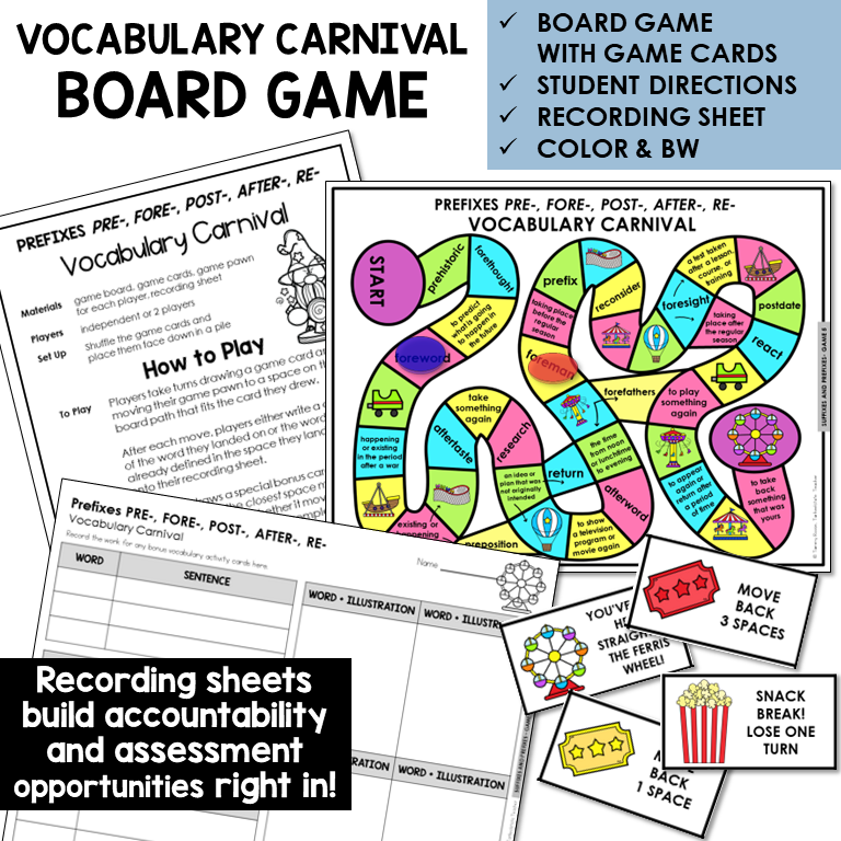 Vocabulary Carnival board game for prefixes PRE-, FORE-, POST-, AFTER-, RE-