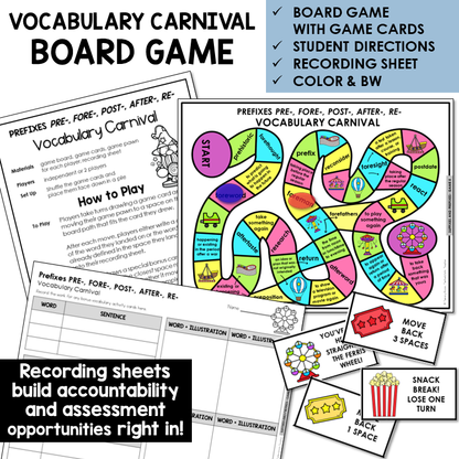 Vocabulary Carnival board game for prefixes PRE-, FORE-, POST-, AFTER-, RE-