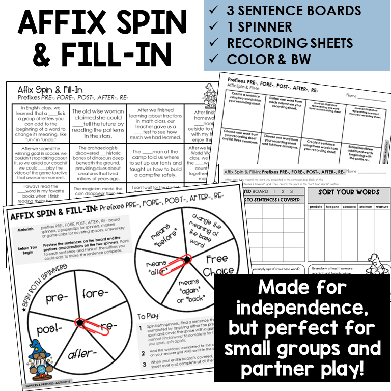 Affix Spin & Fill-In word board activity for prefixes PRE-, FORE-, POST-, AFTER-, RE-