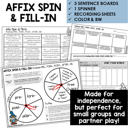 Affix Spin & Fill-In word board activity for prefixes PRE-, FORE-, POST-, AFTER-, RE-