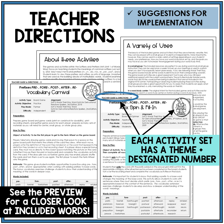 Teacher directions for prefixes PRE-, FORE-, POST-, AFTER-, RE- games