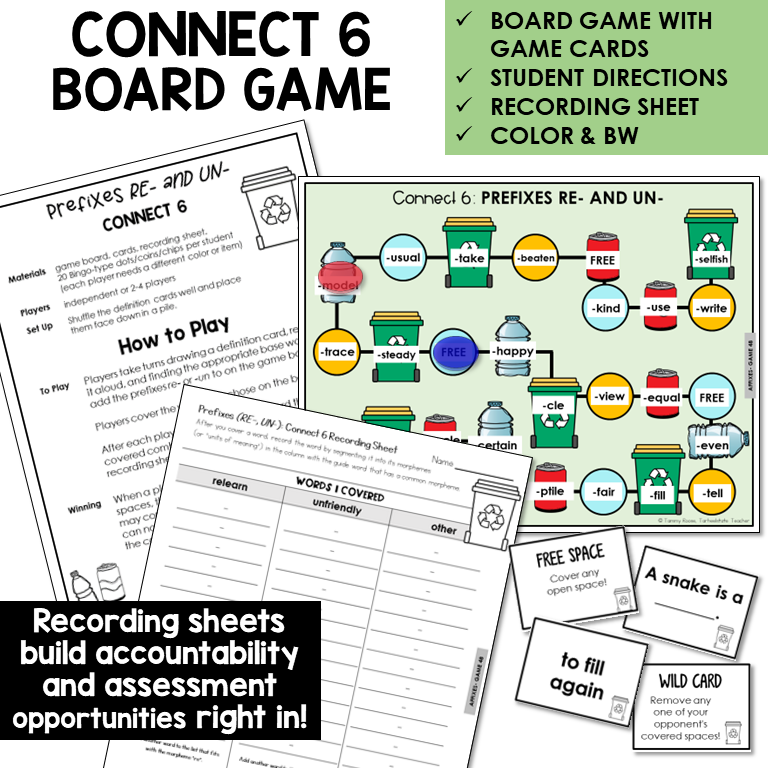 Connect 6 Board Game for prefixes RE- and UN-, with recording sheet